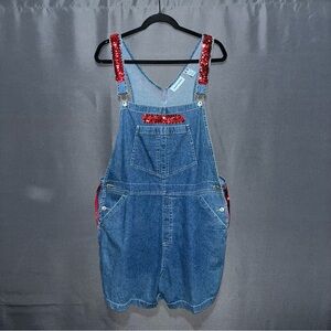 Vintage Marsh Landing Upcycled Denim Overalls Shorts Red Sequin XL Cotton Jean